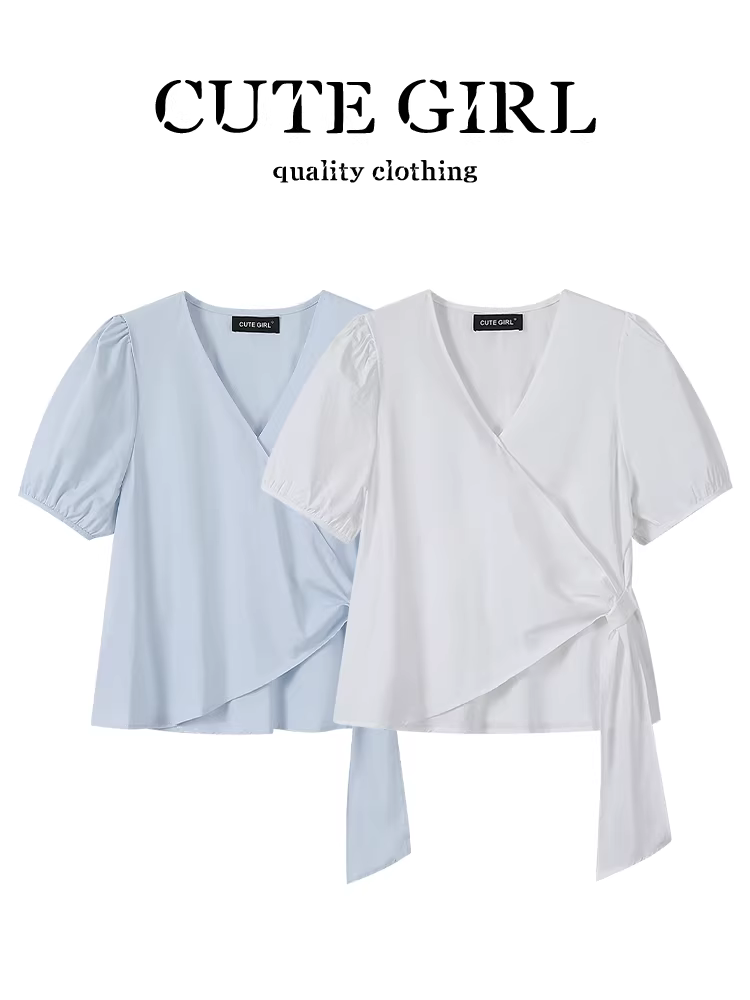 CuteGirl phong cách Hàn Quốc thanh lịch cổ chữ V tay phồng áo sơ mi trắng ngắn tay dành cho nữ mùa hè thắt lưng bên hông dáng ôm vừa vặn