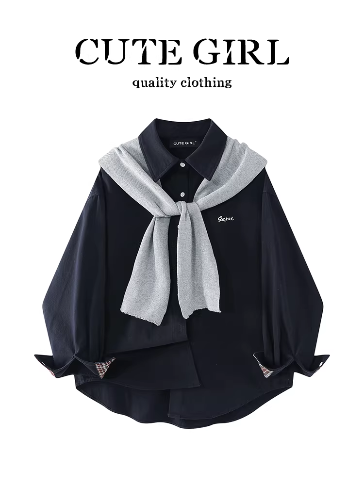 Áo sơ mi màu xanh hải quân phong cách Hàn Quốc có khăn choàng dành cho nữ, mùa thu đông, áo sơ mi thanh lịch, dáng rộng, đa năng, giảm tuổi tác