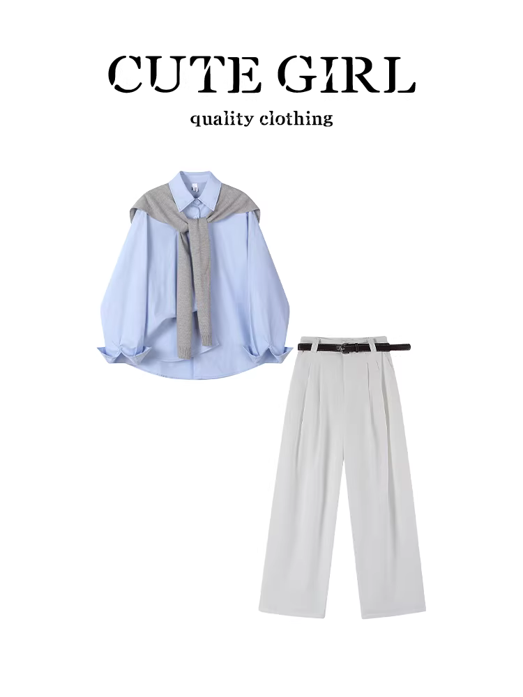 CuteGirl mặc một bộ hoàn chỉnh gồm áo sơ mi dài tay màu xanh lam đầu thu với khăn choàng và quần âu kiểu dáng phóng khoáng và thanh lịch.