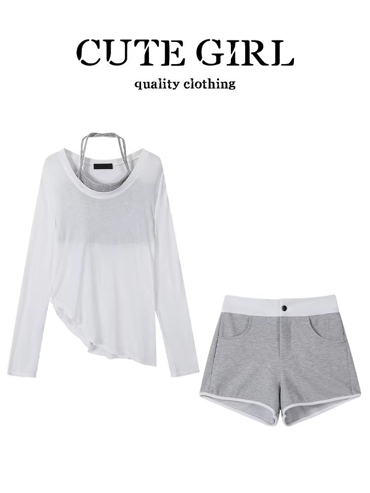 Thiết kế độc đáo của CuteGirl, áo thun chống nắng bất đối xứng, áo dây mùa hè dành cho nữ, quần short cạp cao bộ ba món