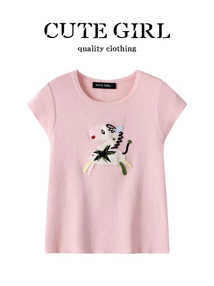Áo thun tay bồng thêu màu hồng thiết kế CuteGirl dành cho nữ, áo dệt kim đa năng thời trang giản dị mùa hè giảm tuổi tác