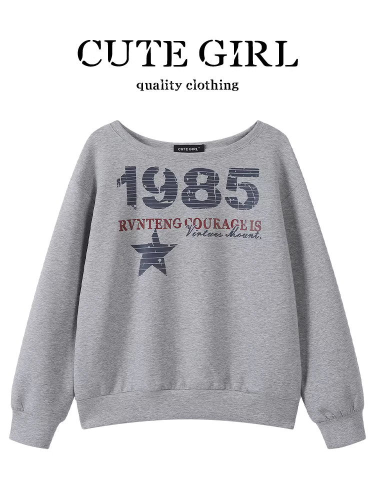 Áo len cổ tròn in chữ màu xám cổ điển của CuteGirl dành cho nữ, áo mùa thu thanh lịch, dáng rộng, giản dị và đa năng