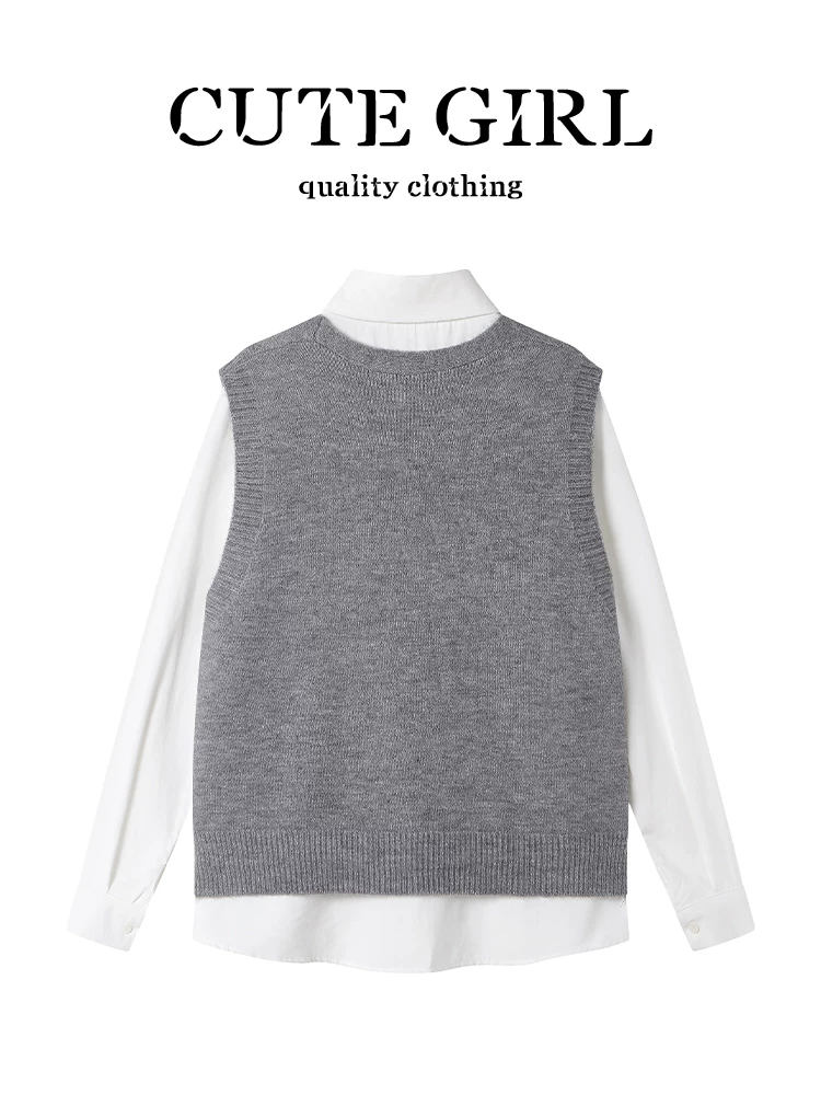 CuteGirl phong cách Hàn Quốc preppy thêu nơ áo vest dệt kim cardigan áo sơ mi trắng nhung hai mảnh