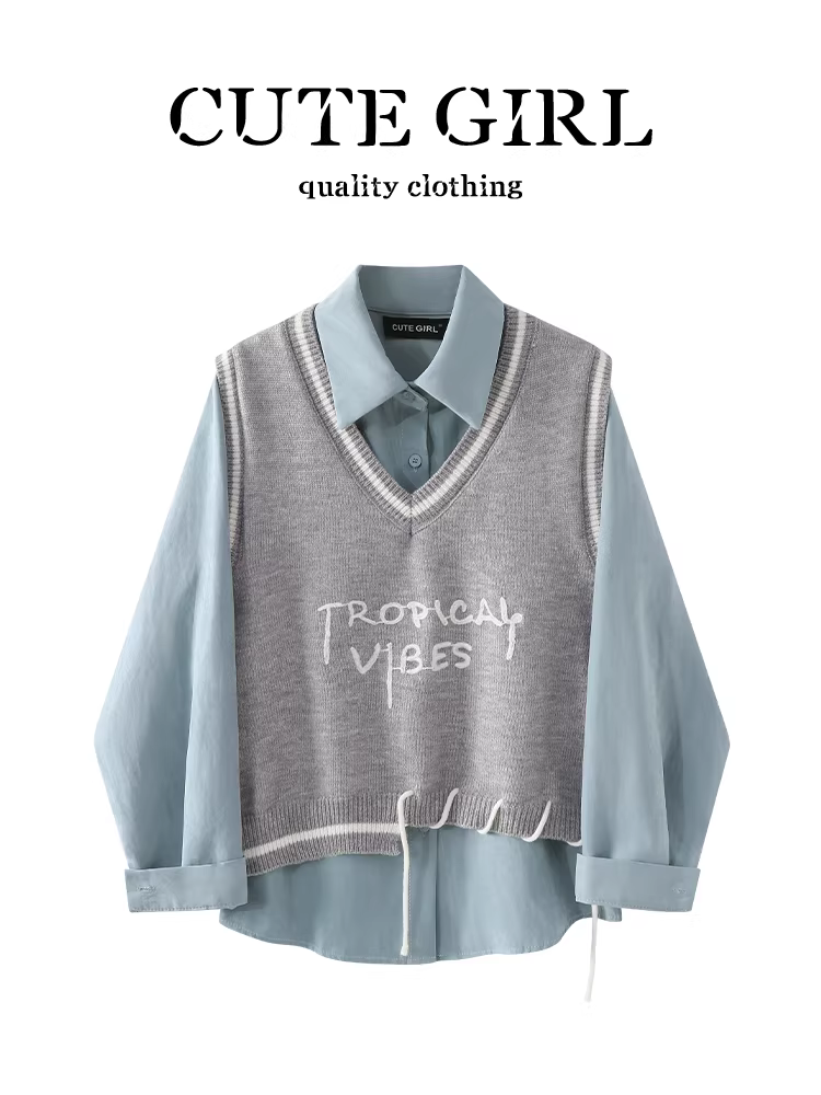 Thiết kế của CuteGirl là áo vest dệt kim màu xám bất đối xứng dành cho nữ, bộ hai mảnh áo sơ mi cổ polo dài tay mùa thu