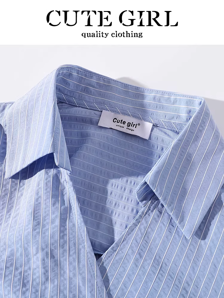 Áo sơ mi sọc thắt eo kiểu Pháp sang trọng kiểu Pháp dành cho nữ, áo kiểu thanh lịch mùa xuân