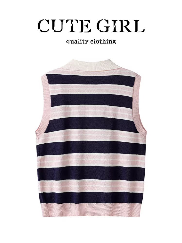 Áo vest dệt kim sọc hồng cổ POLO phong cách Hàn Quốc dễ thương dành cho nữ, áo ngắn tay đa năng mùa hè