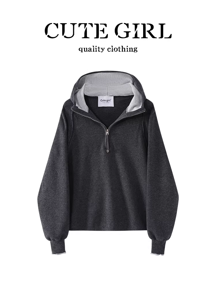 Áo len dệt kim nửa khóa kéo màu xám đậm phong cách Hàn Quốc dễ thương dành cho nữ, áo thường ngày đơn giản và đa năng cho mùa thu.