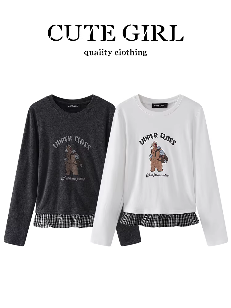 Áo thun dài tay cổ tròn in hình hoạt hình cao cấp CuteGirl dành cho nữ mùa thu đông, áo trong rộng rãi và đa năng