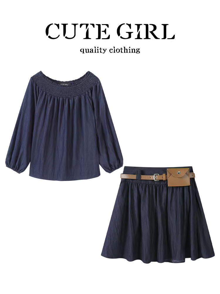 CuteGirl phong cách Hàn Quốc sang trọng denim xanh áo sơ mi dài tay trễ vai nữ mùa thu váy chữ A bộ hai món