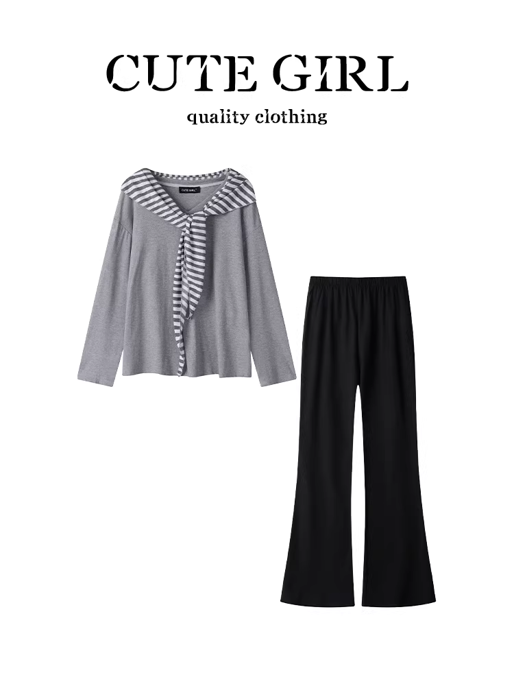 Trang phục phong cách thoải mái của CuteGirl: Bộ áo thun dài tay màu xám và quần ống loe cạp cao hoàn chỉnh dành cho đầu thu.