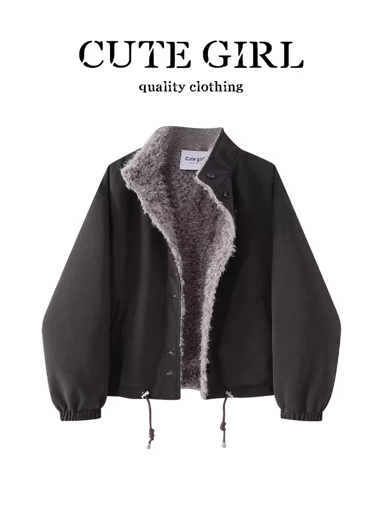 Áo khoác ngắn lót lông đơn giản theo phong cách retro Hàn Quốc dành cho nữ, áo khoác dày một hàng khuy mùa thu đông