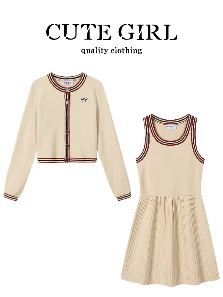CuteGirl phong cách preppy thêu nơ áo len dệt kim cardigan nữ mùa xuân không tay váy vest bộ đồ hai mảnh