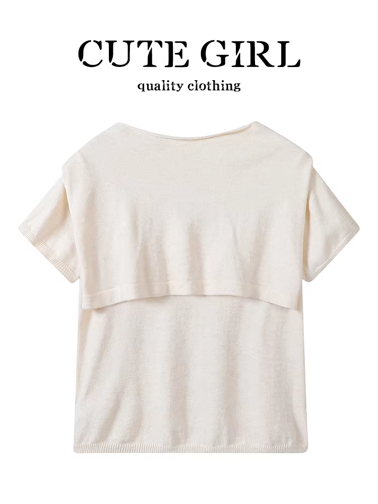 Áo thun ngắn tay dệt kim màu mơ lấy cảm hứng từ thiết kế CuteGirl có khăn choàng dành cho nữ, đầu thu, bộ áo hai mảnh đa năng.