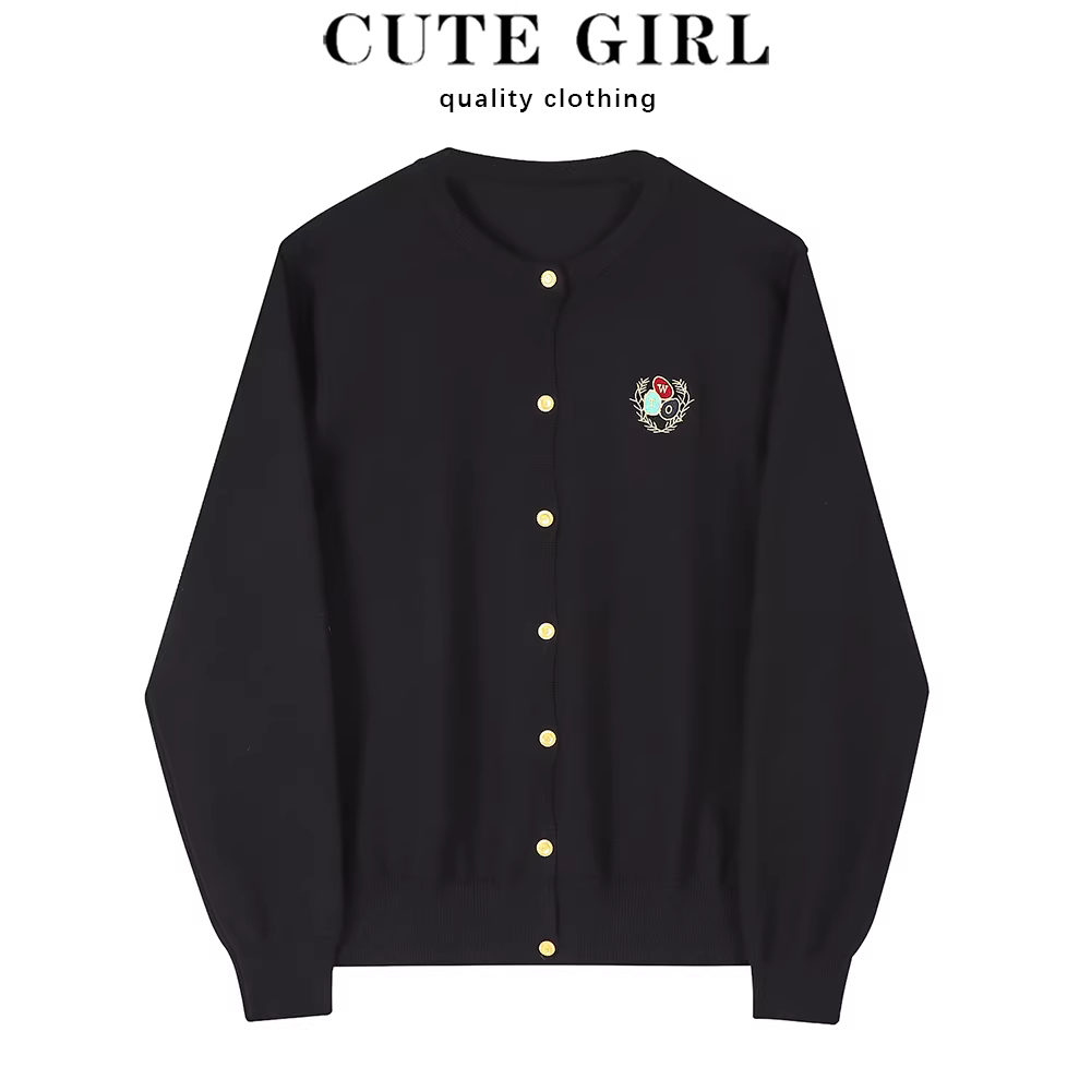 Áo khoác cardigan dệt kim thêu đen phong cách preppy CuteGirl dành cho nữ, áo khoác ngoài dài tay mới mùa xuân thu 2025