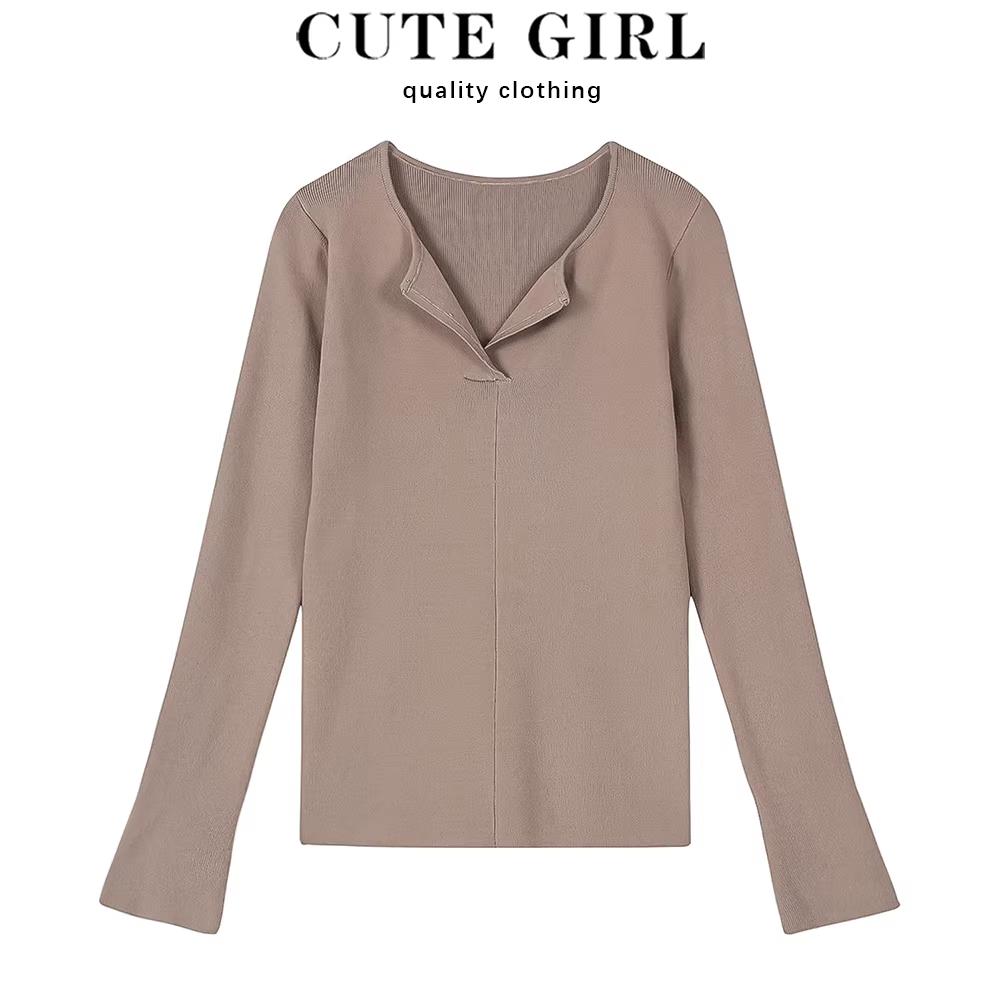 Áo len nữ dáng ôm cổ V kiểu Pháp CuteGirl, tay dài, mùa xuân thu 2025, mẫu mới