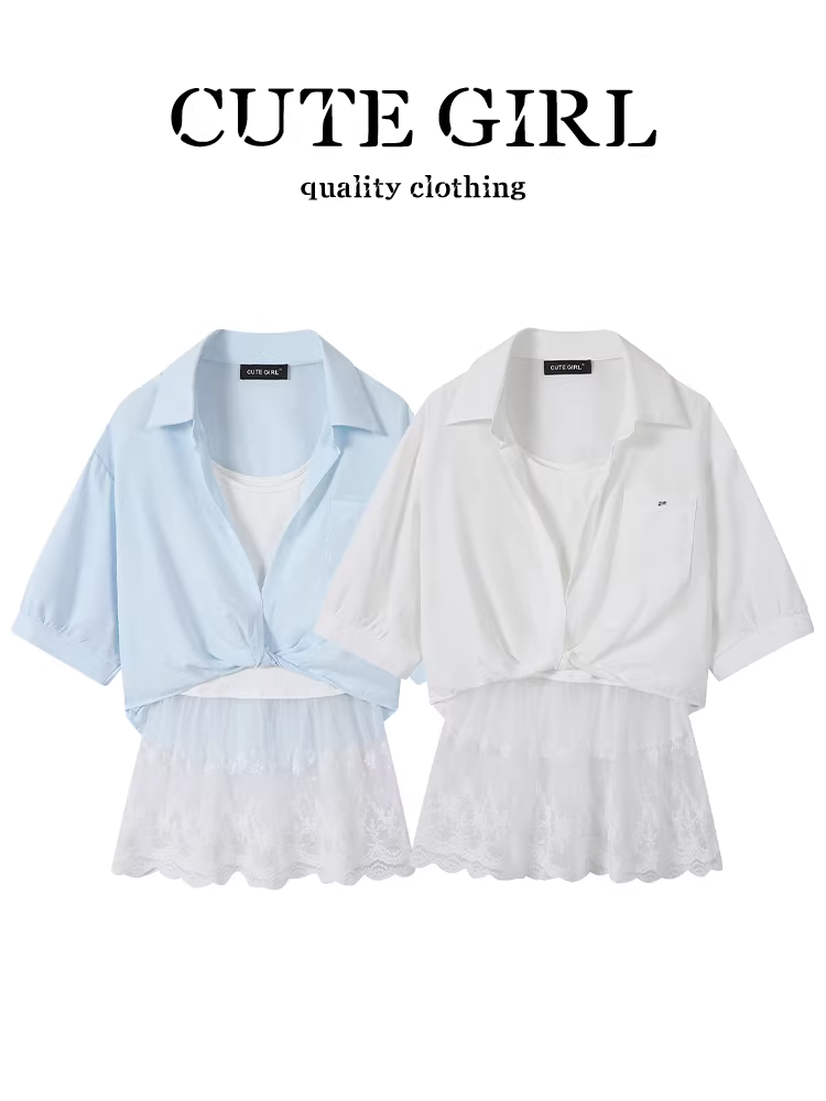 Bộ trang phục giảm tuổi tác mùa hè của CuteGirl dành cho nữ: áo thun ngắn tay xoắn xếp lớp với áo hai dây ren.