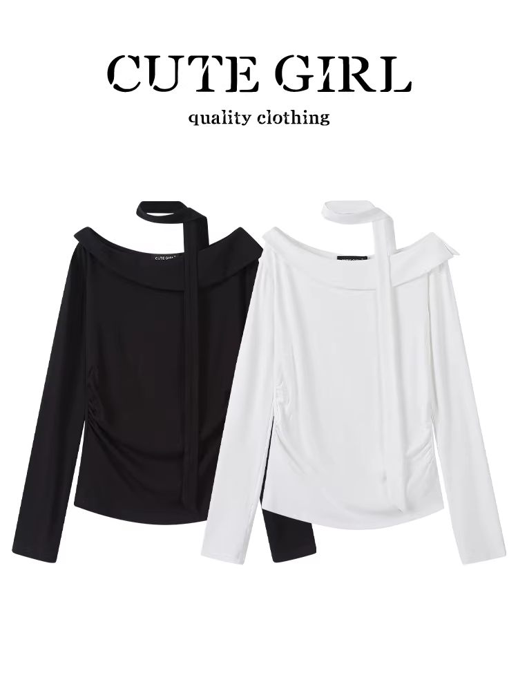 Áo thun dài tay cổ trễ vai màu trắng phong cách Hàn Quốc dành cho nữ, áo kiểu dáng thu gọn vừa vặn theo phong cách thuần khiết thu đông