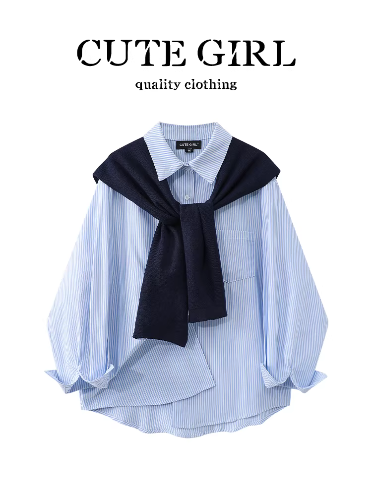 Áo sơ mi cổ polo sọc xanh phong cách Hàn Quốc có khăn choàng cho nữ, áo sơ mi đi làm dáng rộng thanh lịch mùa thu đa năng