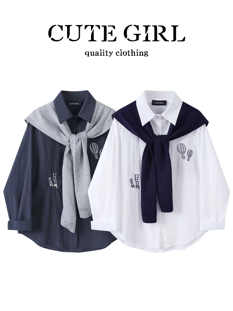 Áo sơ mi dài tay màu trắng kiểu Pháp có khăn choàng và cổ Polo dành cho nữ vào đầu mùa thu, áo dáng rộng thanh lịch, giản dị