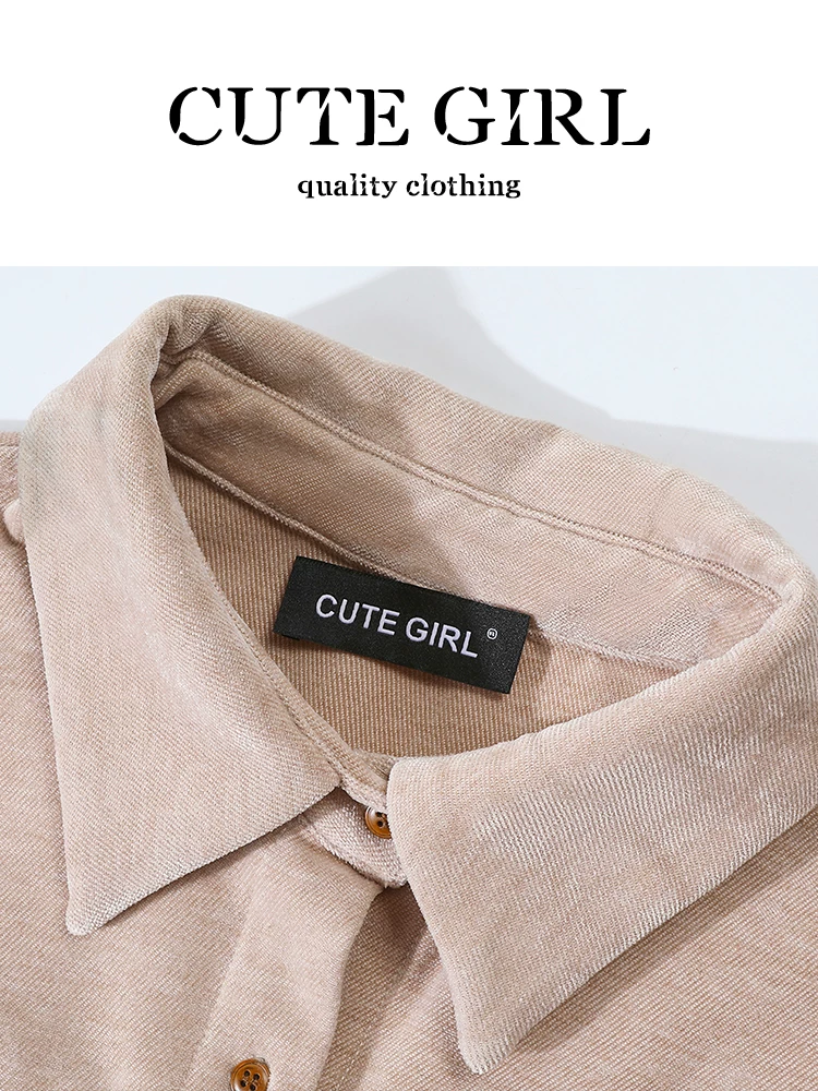 Áo sơ mi nhung nhung màu mơ phong cách Pháp CuteGirl dành cho nữ trong mùa thu đông, áo sơ mi dáng rộng, giản dị, đa năng và sang trọng