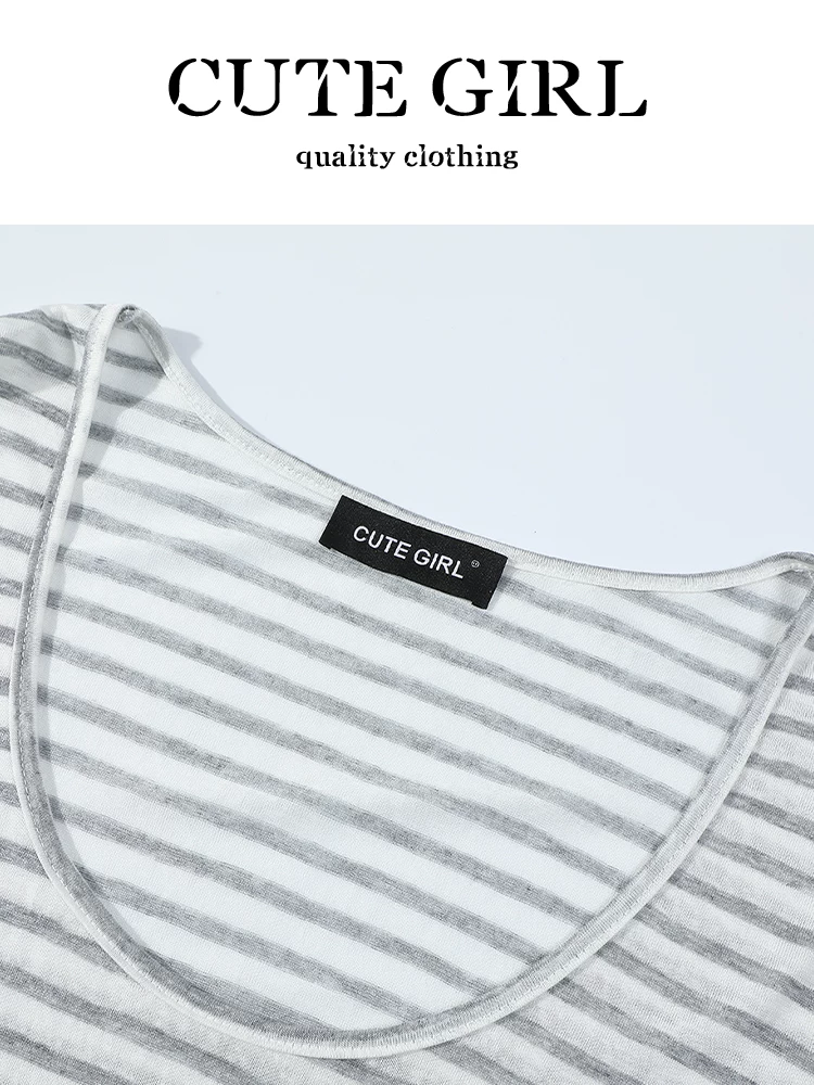 Bộ đồ thể thao phong cách Hàn Quốc CuteGirl dành cho nữ, áo sọc mùa hè, áo thun, cổ yếm, quần short lưng cao, bộ ba món