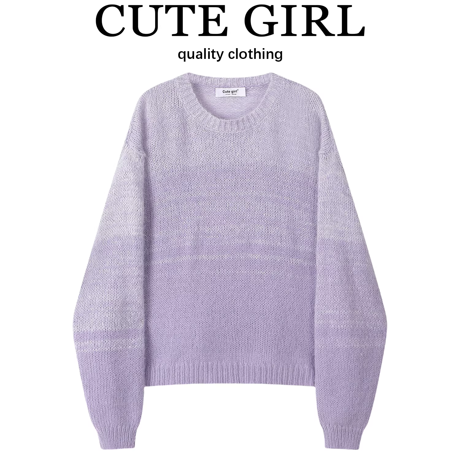Áo len chui đầu cổ tròn màu tím gradient cao cấp của CuteGirl dành cho nữ, áo dệt kim mềm mại và rộng rãi cho mùa thu đông.
