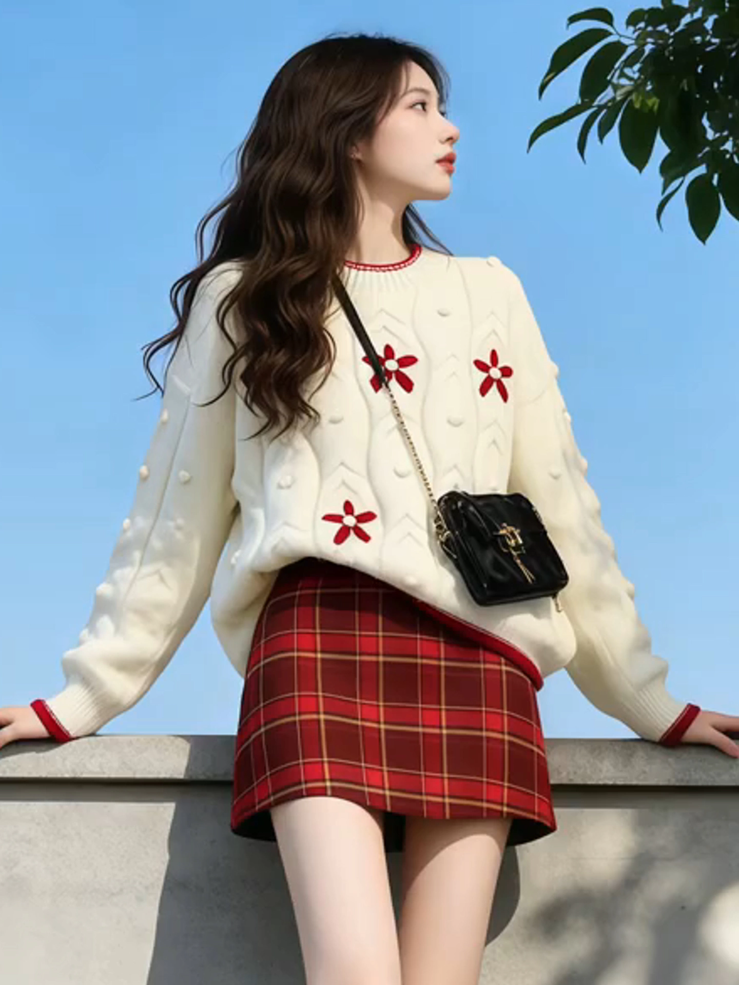 Áo len cổ tròn thêu hoa giảm tuổi tác phong cách Hàn Quốc dễ thương dành cho nữ mùa đông Áo dệt kim đa năng ngọt ngào