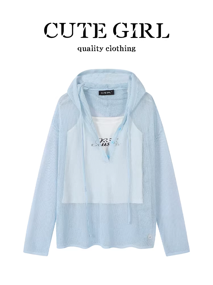 Áo khoác chống nắng có mũ trùm đầu dệt kim màu xanh lam lấy cảm hứng từ thiết kế CuteGirl dành cho nữ, bộ hai mảnh áo yếm in họa tiết nhiều lớp mùa hè