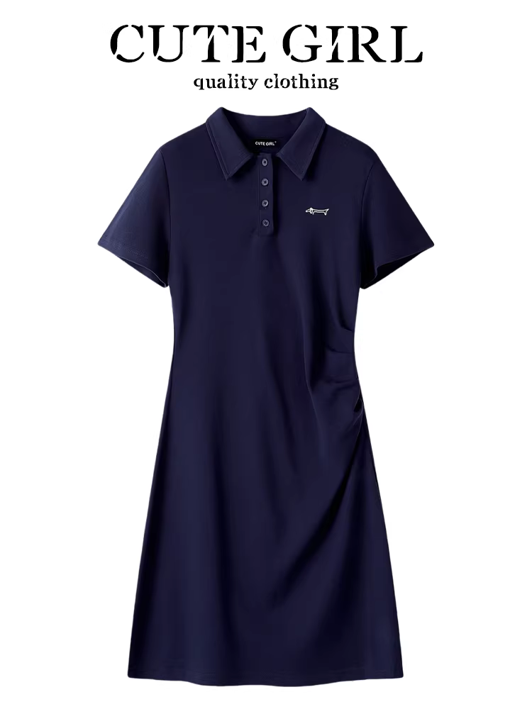 CuteGirl phong cách preppy váy ngắn tay cổ polo màu xanh hải quân dành cho nữ, váy chữ A ôm dáng mùa hè