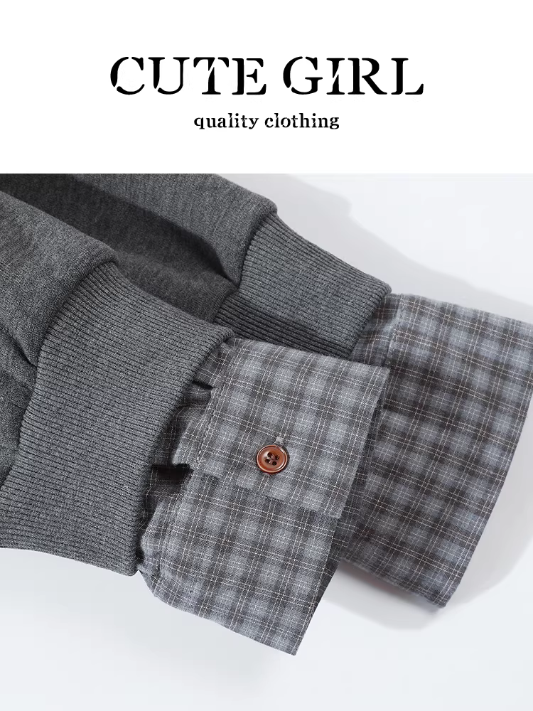 Áo len dệt kim giả hai mảnh kiểu cổ điển màu xám đậm kiểu cổ điển dành cho nữ, phong cách mùa thu, áo len rộng rãi và đa năng