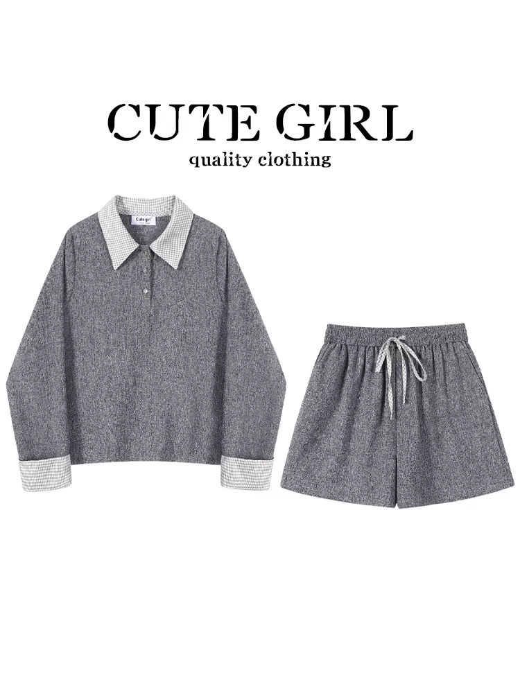 Áo sơ mi chắp vá lấy cảm hứng từ thiết kế CuteGirl có cổ polo, áo nỉ giả hai mảnh dành cho nữ, bộ hai mảnh quần short lưng cao mùa xuân