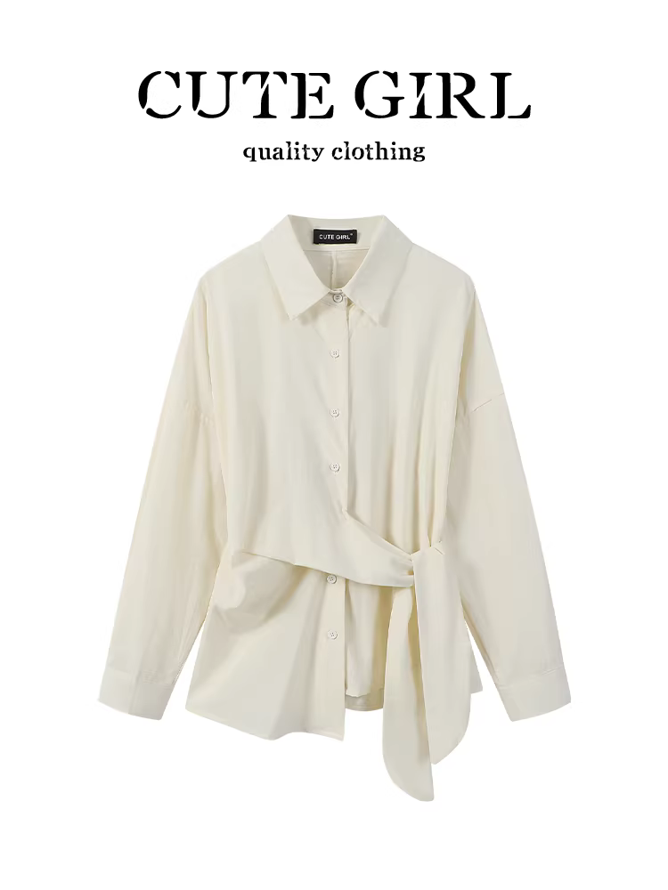 Áo sơ mi cổ polo buộc dây màu mơ kiểu Hàn Quốc dành cho nữ, thiết kế mùa thu, ôm eo, giảm béo, áo đi làm đa năng
