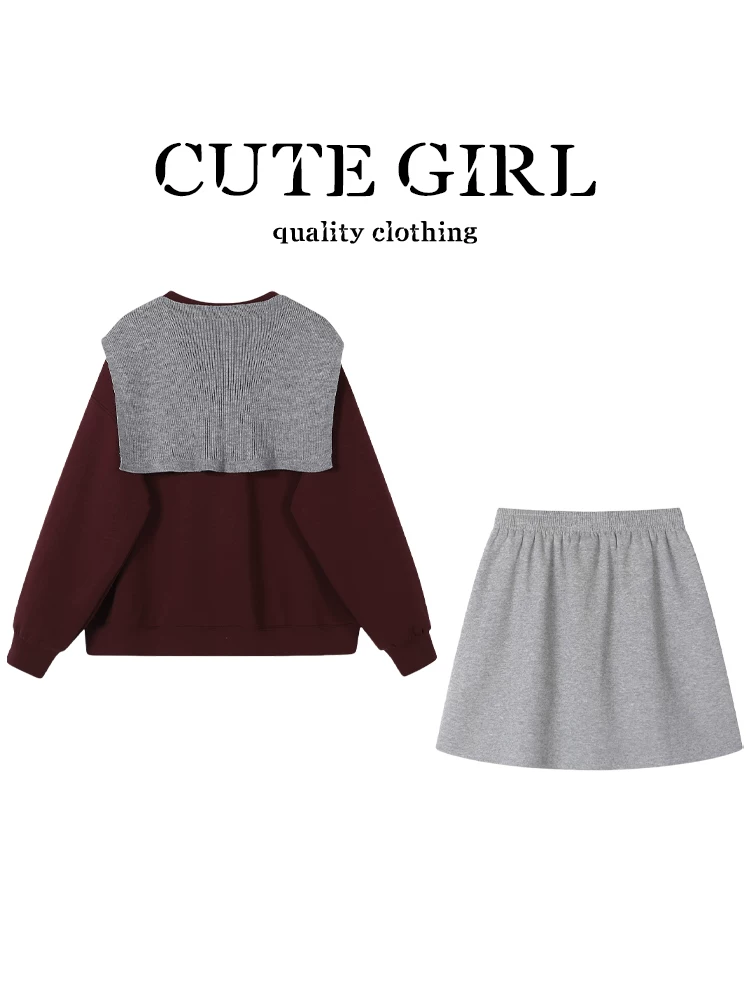 CuteGirl cao cấp khăn choàng thanh lịch áo len màu đỏ phong cách thể thao mùa thu của phụ nữ váy chữ A lưng cao bộ hai món