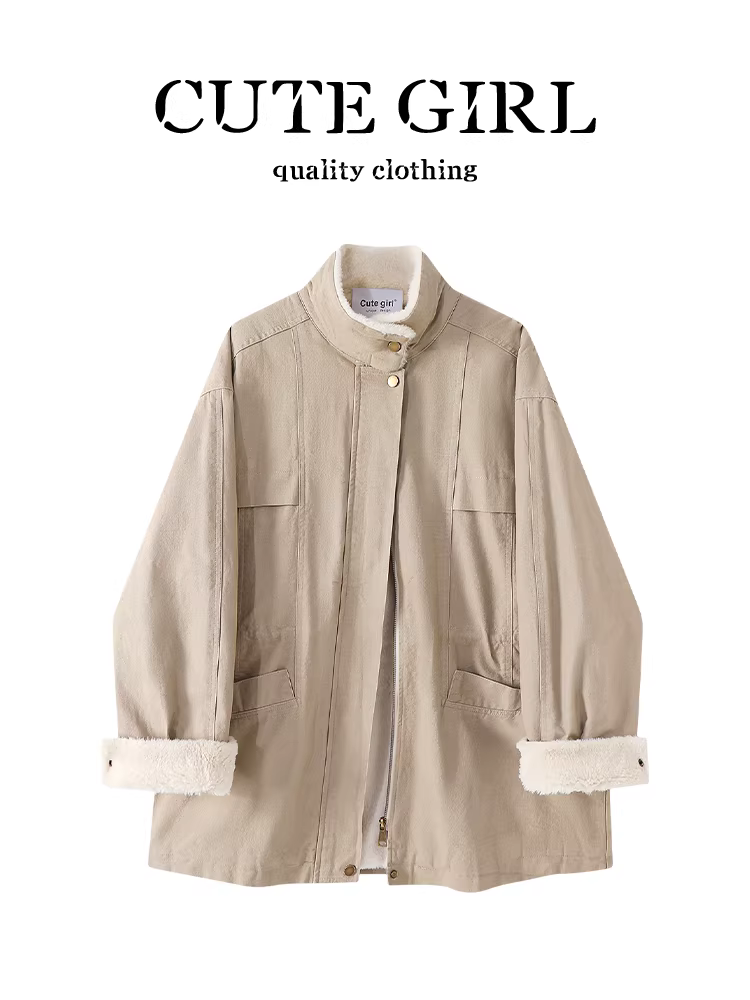 Áo khoác lót lông cừu có cổ đứng phong cách công sở CuteGirl dành cho nữ, thiết kế mùa thu đông, áo khoác đa năng dáng rộng, giản dị