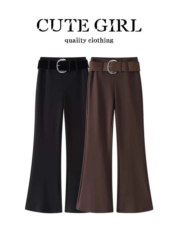 Quần ống loe lót lông cừu màu cà phê cổ điển của CuteGirl dành cho nữ, quần dài đa năng có cạp cao, giảm béo, mùa thu đông