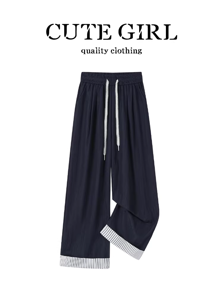 Quần ống rộng lưng cao viền sọc cao cấp phong cách Hàn Quốc dành cho nữ, quần dài dáng rộng có dây rút đa năng thanh lịch mùa hè