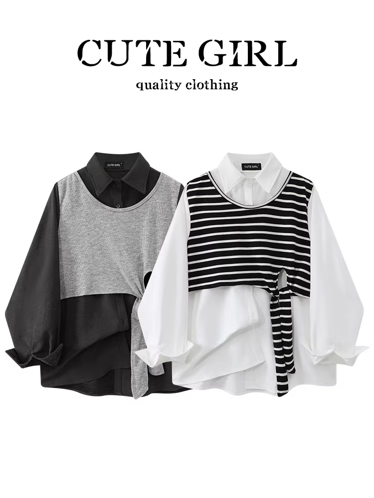 Áo sơ mi kẻ sọc giả hai mảnh phong cách Hàn Quốc CuteGirl dành cho nữ, thiết kế mùa thu, dáng rộng, giản dị, áo sơ mi xếp lớp đa năng