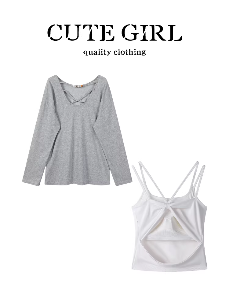 Bộ trang phục giảm tuổi tác của CuteGirl là bộ hoàn chỉnh gồm áo sơ mi dài tay in họa tiết màu xám thanh lịch mùa hè dành cho nữ và bộ hai mảnh áo yếm