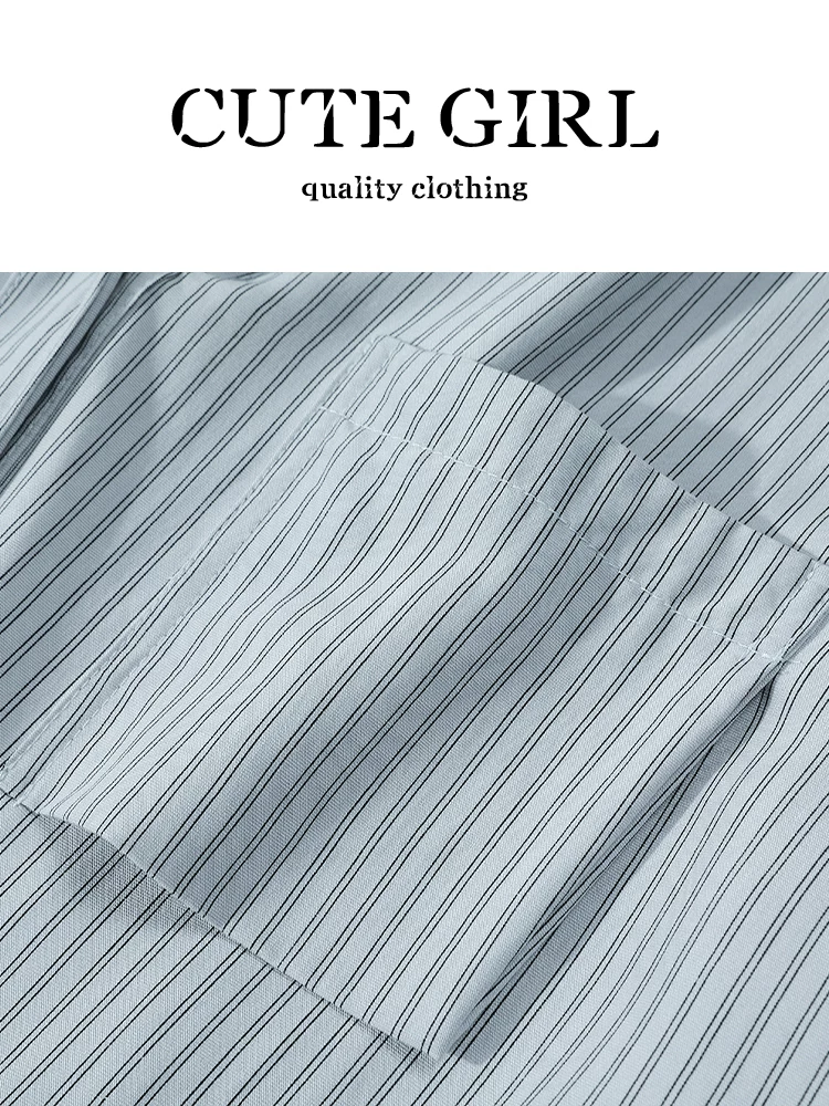 Áo sơ mi sọc xanh giảm tuổi tác phong cách Hàn Quốc dễ thương dành cho nữ, phong cách preppy mùa thu với khăn choàng, áo sơ mi dài tay dáng rộng