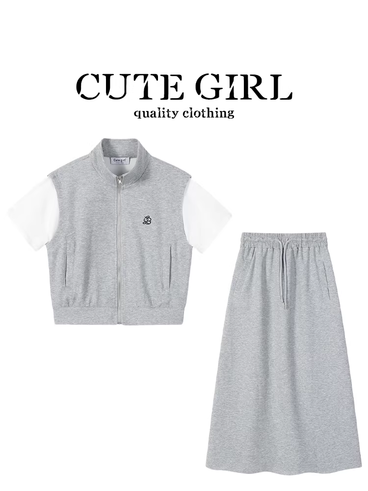 CuteGirl thời trang Hàn Quốc áo khoác cardigan giả hai mảnh ngắn tay dành cho nữ mùa hè váy thẳng màu xám bộ hai mảnh