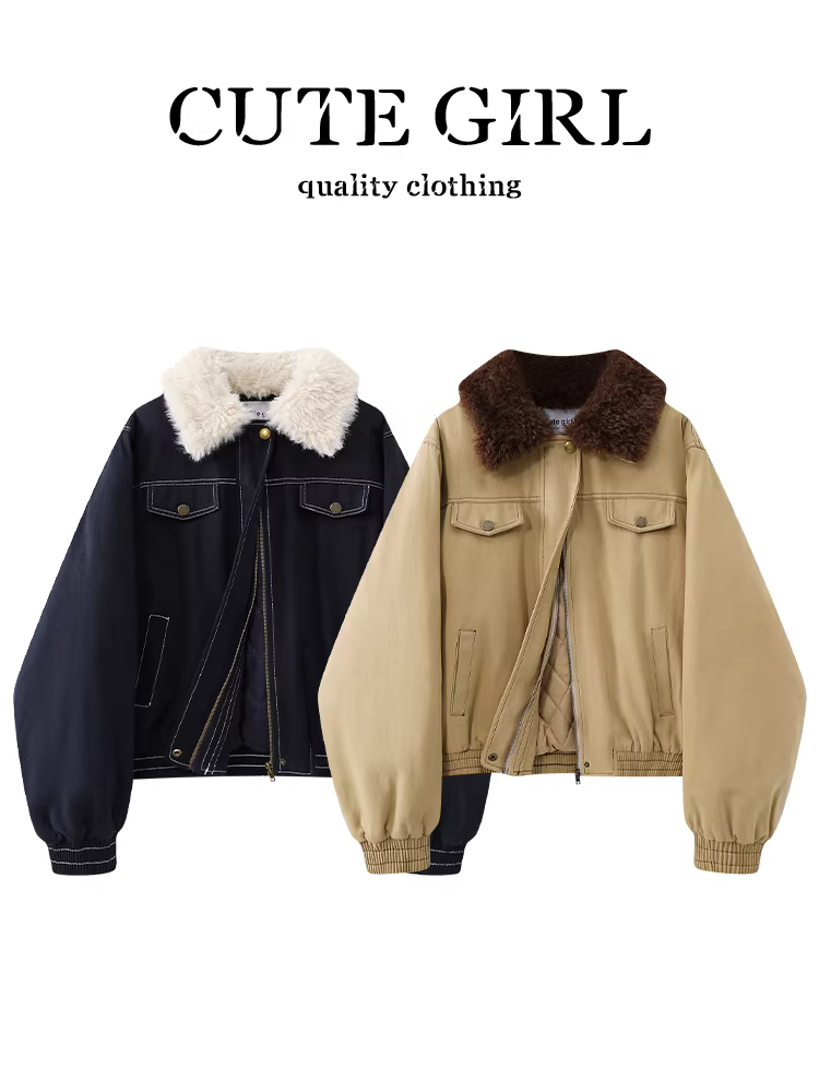 Áo khoác denim cổ lông màu kaki cổ điển của CuteGirl dành cho nữ trong mùa thu đông, áo khoác lót lông cừu thanh lịch, rộng rãi và đa năng