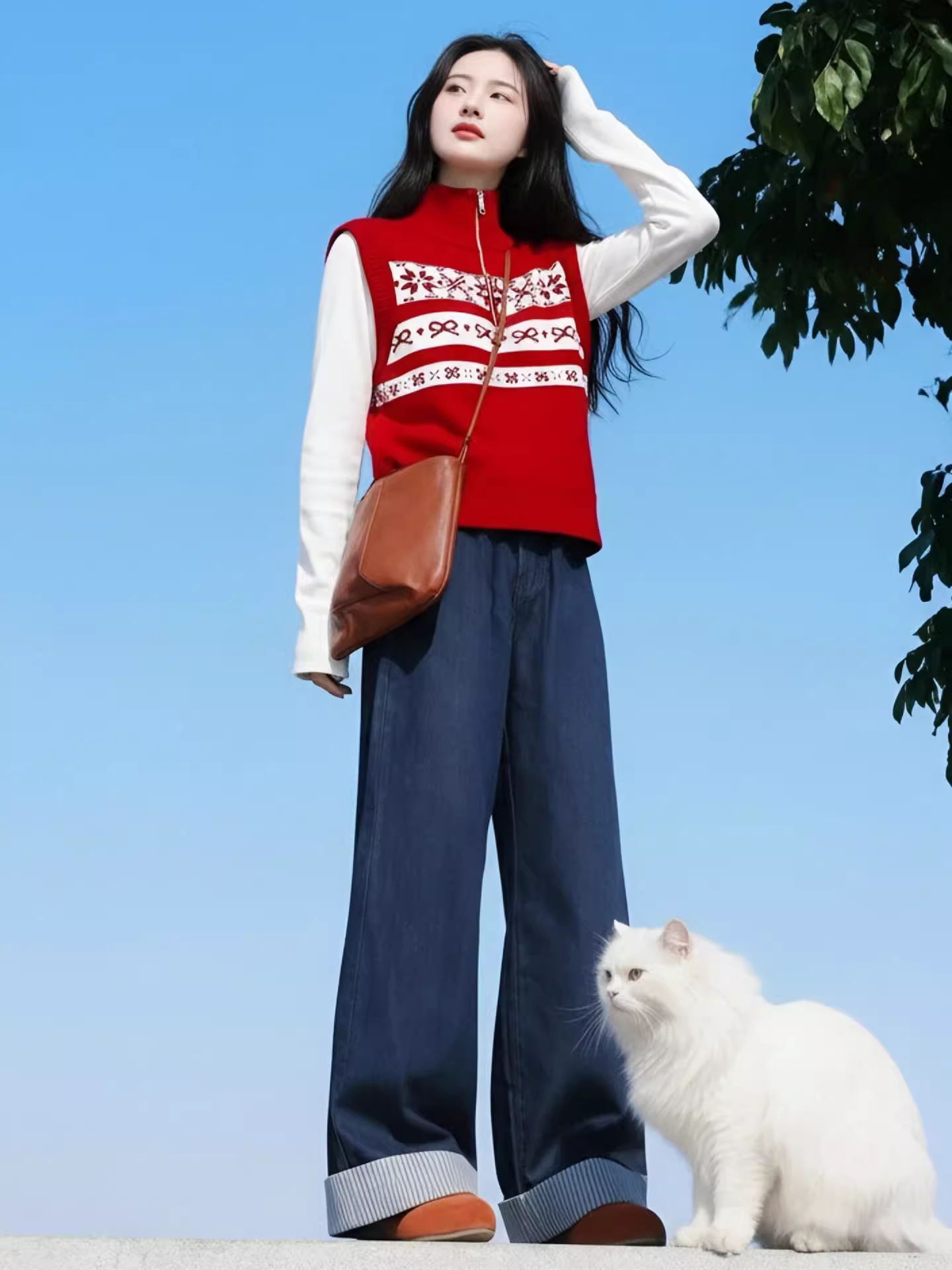 Áo len dệt kim màu đỏ phong cách Giáng sinh kiểu Hàn Quốc dành cho nữ, áo len phối lớp đa năng thời trang mùa thu đông.