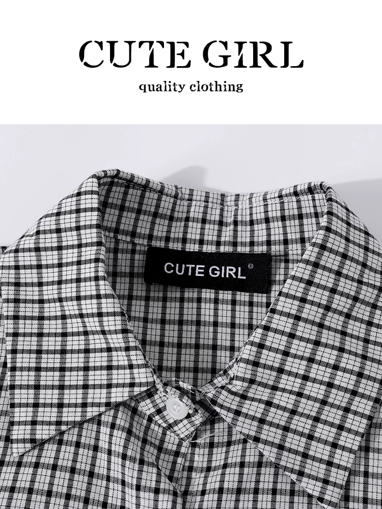 Bộ trang phục mùa hè xinh xắn của CuteGirl dành cho nữ, áo sơ mi ngắn tay kẻ sọc cổ điển, bộ hai mảnh áo yếm in họa tiết