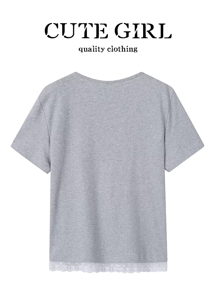Áo thun ngắn tay màu xám phối ren phong cách Hàn Quốc dễ thương dành cho nữ, thiết kế mùa hè, áo thun dáng ôm
