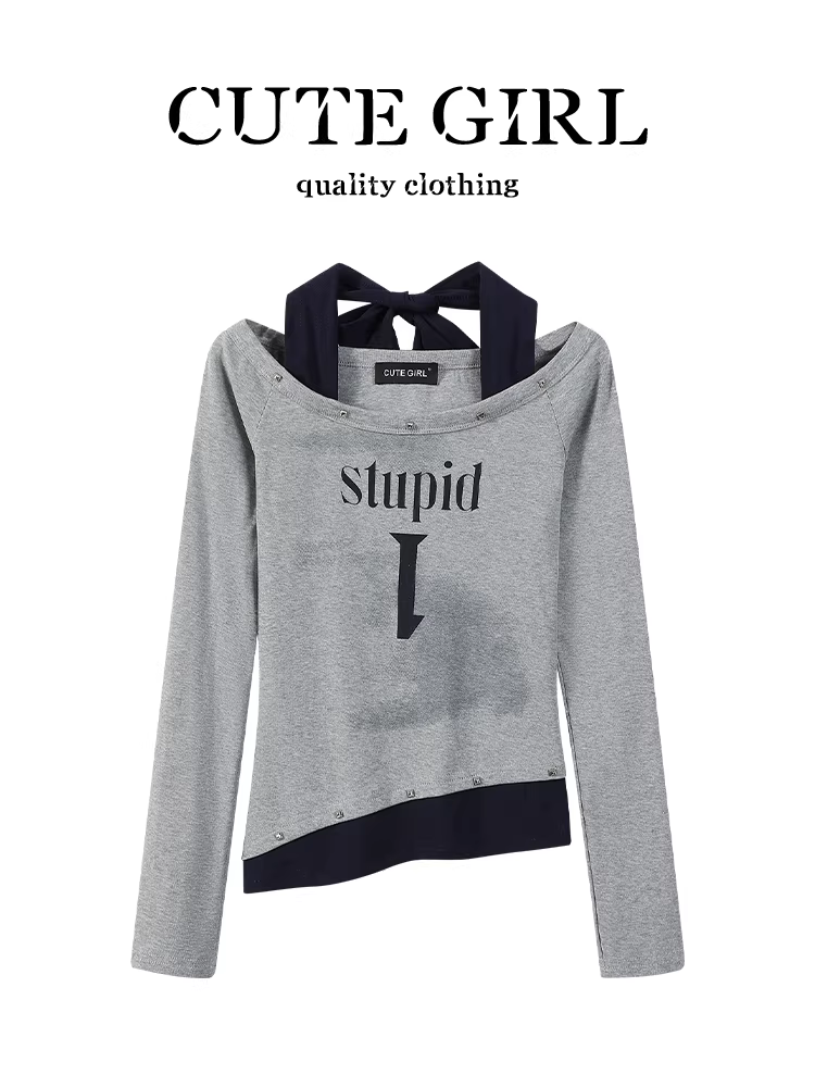 Áo thun dài tay cổ yếm giả hai mảnh phong cách Mỹ của CuteGirl dành cho nữ, áo kiểu dáng thanh lịch, ôm vừa vặn, đa năng mùa thu