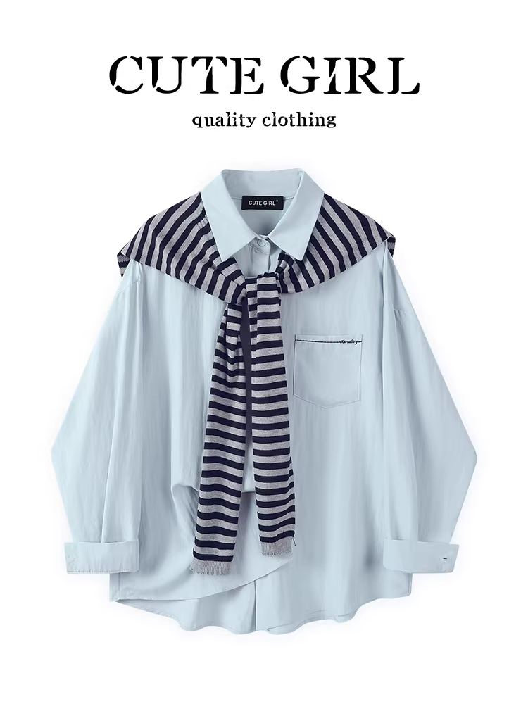 Áo sơ mi cổ polo có khăn choàng cổ điển CuteGirl dành cho nữ vào đầu mùa thu, áo sơ mi xếp lớp đơn giản, rộng rãi, giản dị và đa năng