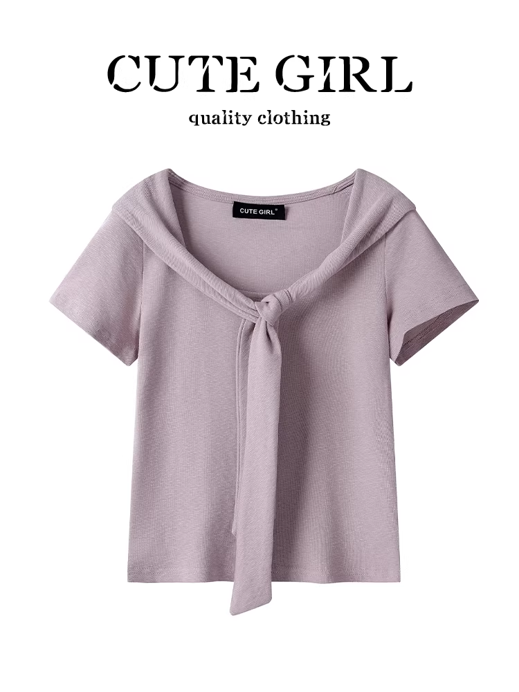 Áo thun ngắn tay cổ vuông màu tím phong cách Pháp dễ thương dành cho nữ, áo hai mảnh giả dáng ôm mùa hè