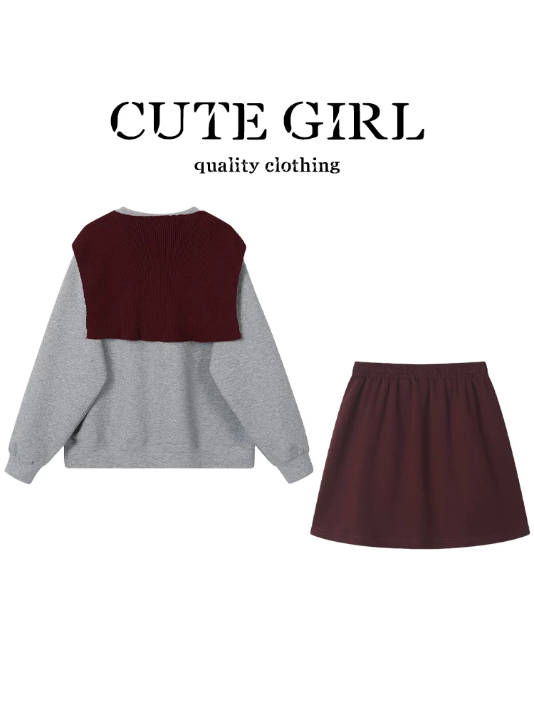 CuteGirl Áo len kiểu dáng giản dị phong cách Hàn Quốc váy chữ A lưng cao dành cho nữ thời trang giảm béo đầu thu Bộ đồ hai mảnh