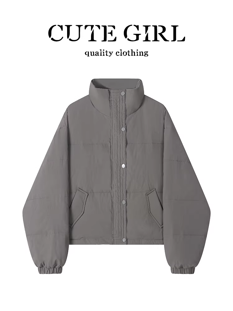 Áo khoác ngắn cổ đứng màu xám cổ điển của CuteGirl có tay áo cong dành cho nữ, mùa thu đông, áo khoác phao phong cách, rộng rãi và đa năng.