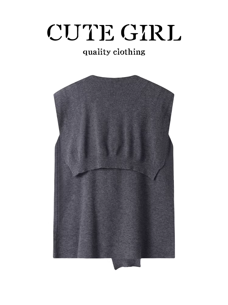 Áo vest dệt kim không tay màu xám sành điệu có khăn choàng dành cho nữ, đầu thu, áo thanh lịch và tôn dáng